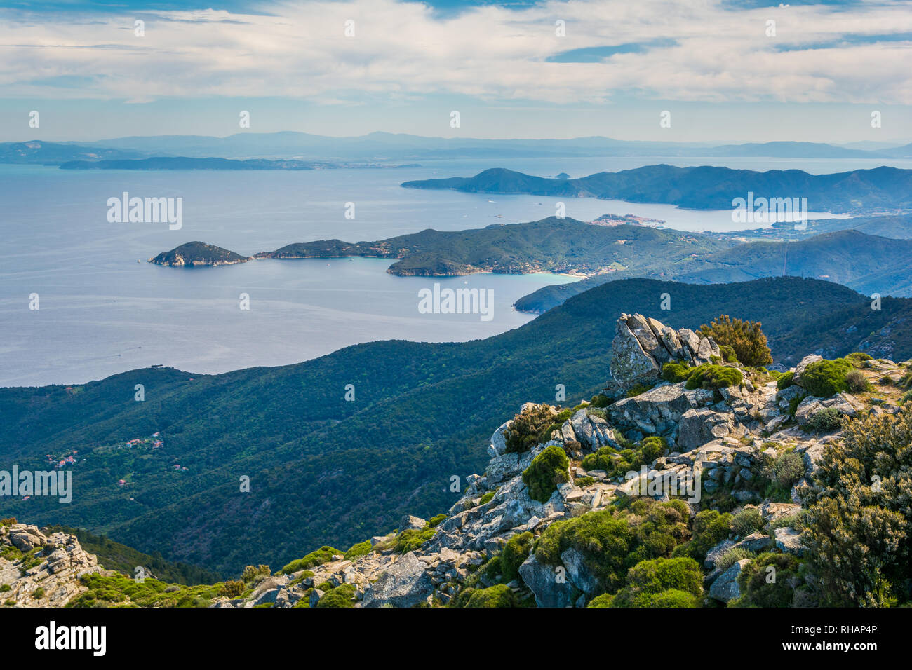 Panoramic view from the top of Capanne Mountain in Elba Island, Tuscany, Italy. Stock Photo