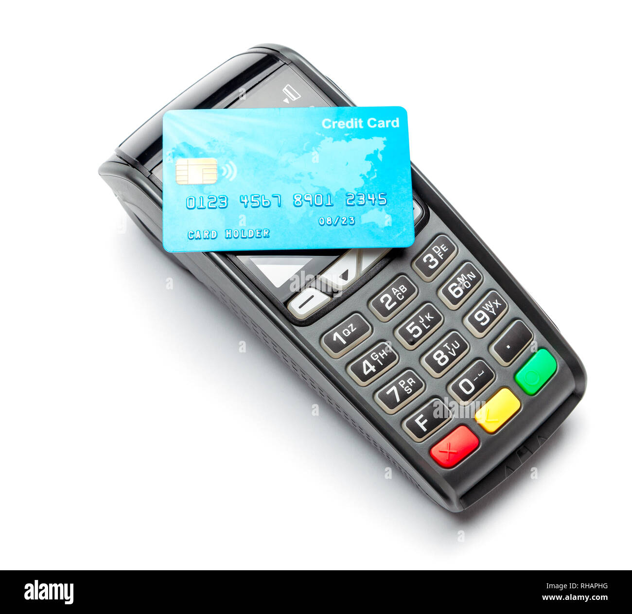 POS terminal, Payment Machine with credit card isolated on white background. Contactless payment with NFC technology Stock Photo