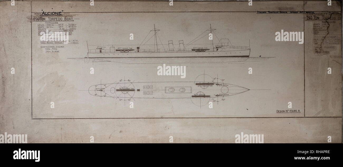 AJAX NEWS & FEATURE SERVICE - THORNYCROFT WARSHIP PLANS -  TYPE;ITALIAN TORPEDO BOAT DESTROYER DESIGN NR.12644. NAME:ALCIONE. - THORNYCROFT DRAWINGS FOR A 200 TON 25 KNOT TWIN SCREW TURBINE MACHINERY VESSEL.  PHOTO:VT COLLECTION/AJAX REF:91907 2778 Stock Photo