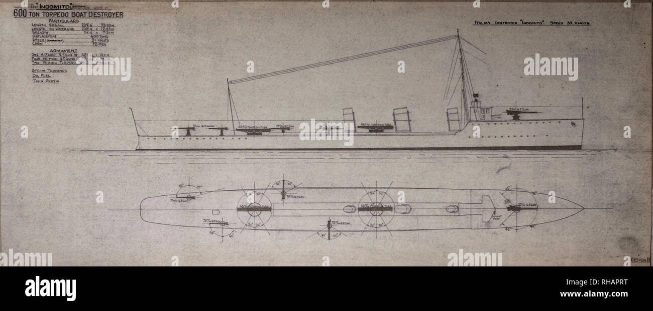 AJAX NEWS & FEATURE SERVICE - THORNYCROFT WARSHIP PLANS -  TYPE;TORPEDO BOAT DESTROYER DESIGN. NAME:INDOMITO. - THORNYCROFT DRAWINGS FOR A 600 TON 35 KNOT TURBINE MACHINERY VESSEL.  PHOTO:VT COLLECTION/AJAX REF:91907 2774 Stock Photo