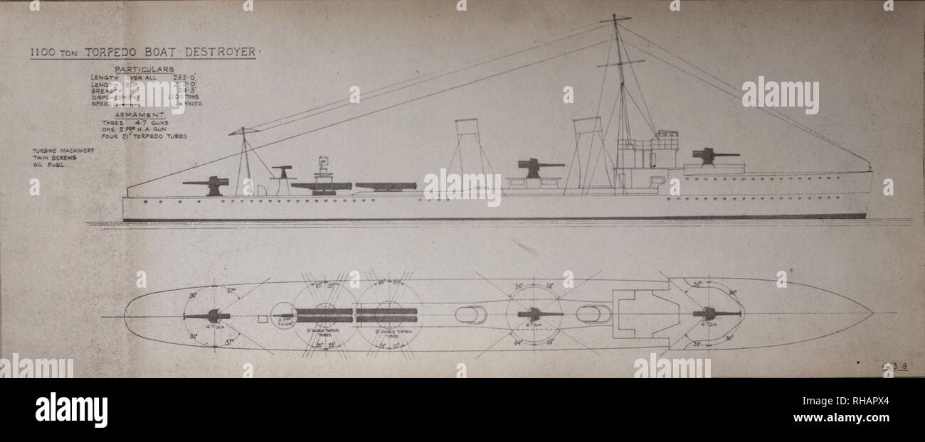AJAX NEWS & FEATURE SERVICE - THORNYCROFT WARSHIP PLANS -  TYPE;TORPEDO BOAT DESTROYER DESIGN NR.433/18. TWIN SCREW TURBINE MACHINERY. - THORNYCROFT DRAWINGS FOR A 1100 TON 36.0 KNOT VESSEL.  PHOTO:VT COLLECTION/AJAX REF:91907 2775 Stock Photo