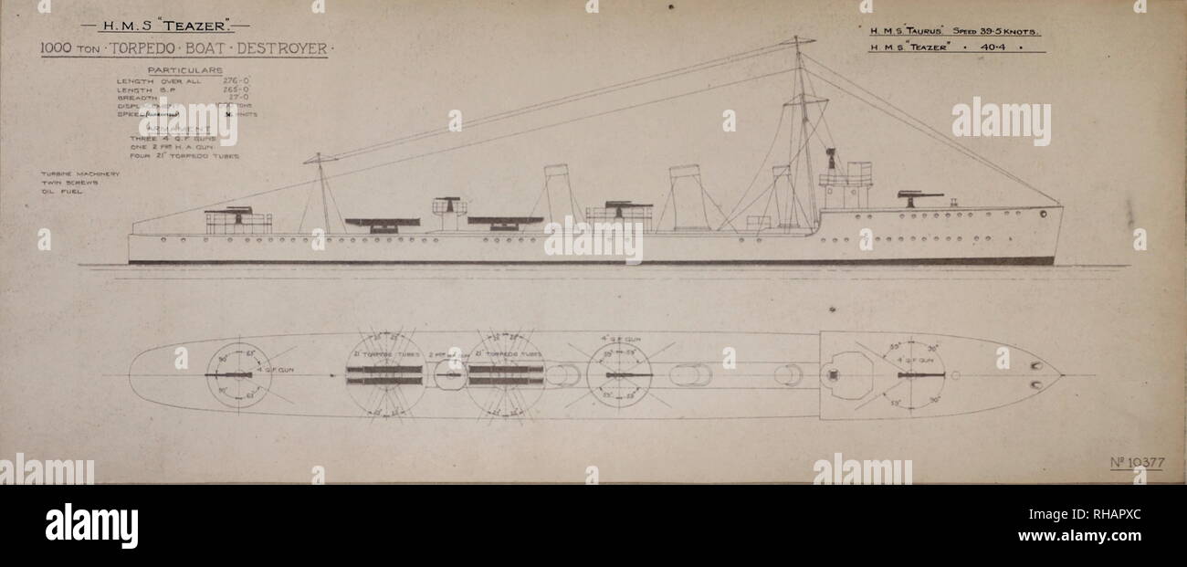 AJAX NEWS & FEATURE SERVICE - THORNYCROFT WARSHIP PLANS -  TYPE;TORPEDO BOAT DESTROYER DESIGN NR.10377 NAME:HMS TEAZER, HMS TAURUS. - THORNYCROFT DRAWINGS FOR A 1000 TON 39.5 KNOT TBD  PHOTO:VT COLLECTION/AJAX REF:91907 2770 Stock Photo