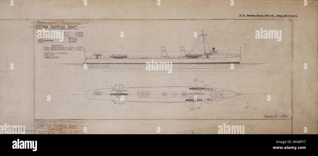 AJAX NEWS & FEATURE SERVICE - THORNYCROFT WARSHIP PLANS -  TYPE;TORPEDO BOAT DESTROYER DESIGN. NAME:TORPDO BOATS NUMBERS 109 TO 113. -  THORNYCROFT DRAWINGS FOR A 200 TON 25.1 KNOT  PHOTO:VT COLLECTION/AJAX REF:91907 2772 Stock Photo
