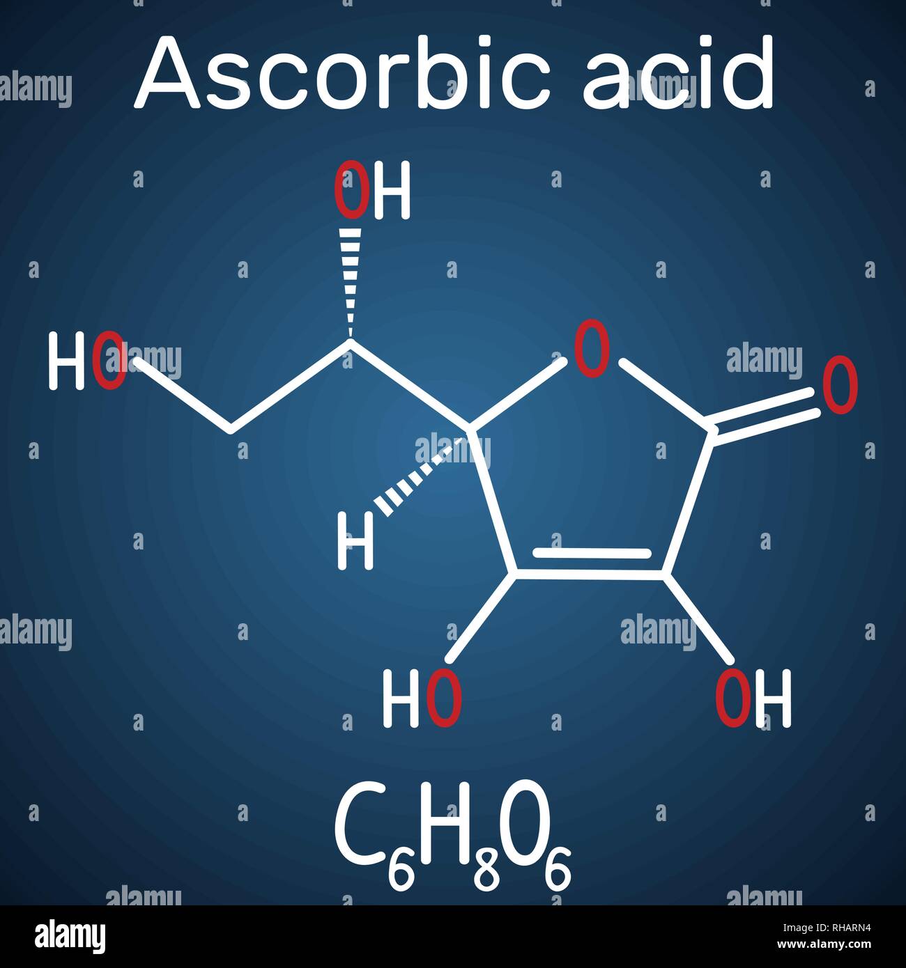 Ascorbic acid (vitamin C). Structural chemical formula and molecule model on the dark blue background. Vector illustration Stock Vector