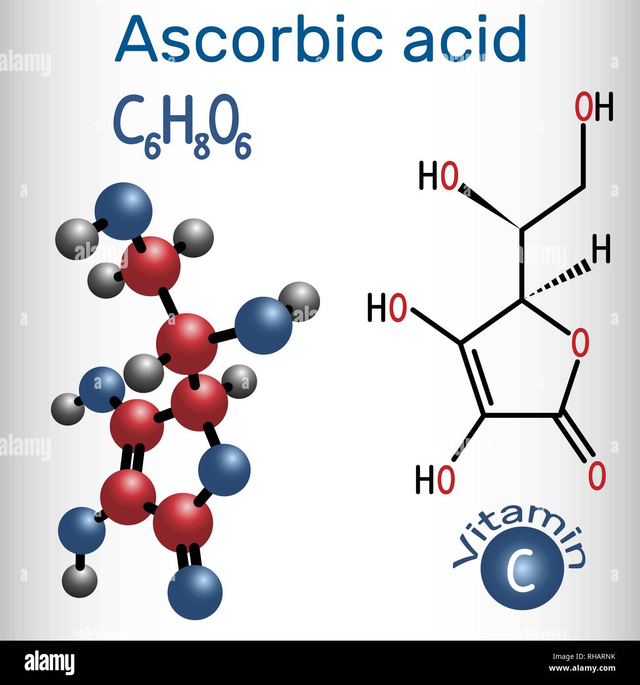 Ascorbic acid (vitamin C). Structural chemical formula and molecule model. Vector illustration Stock Vector
