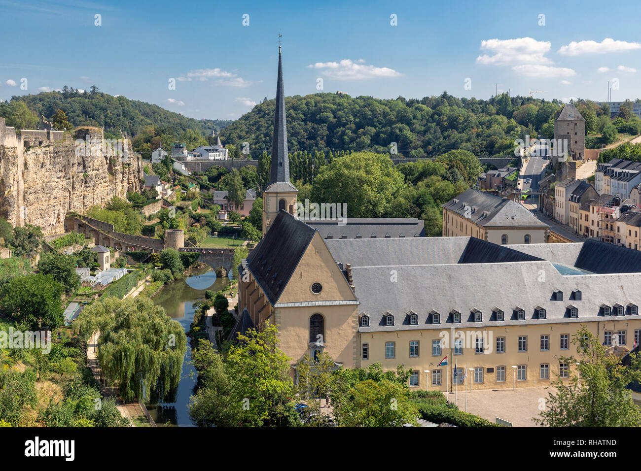 Luxembourg city, aerial view of the Old Town and Grund Stock Photo