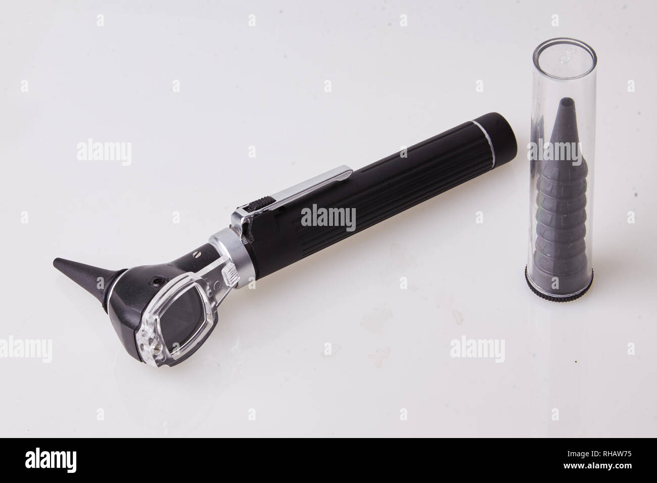Medical otoscope used by ENT doctor for ear examination. Medical equipment of otolaryngologist