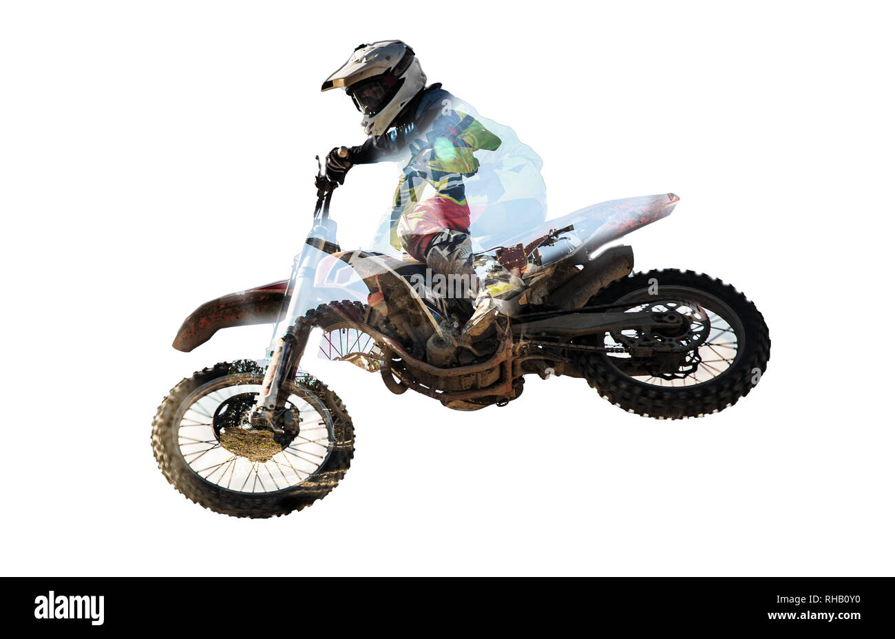 Racer on motorcycle participates in motocross cross-country in flight, jumps and takes off on springboard against sky. Concept active extreme rest. Stock Photo