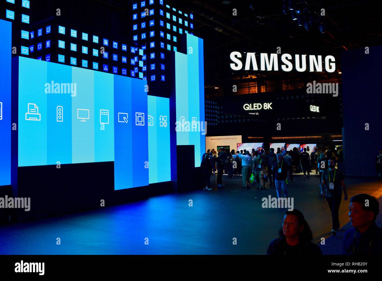 Samsung exhibit booth display entrance, featuring QLED 8K TV (television) at CES, world's largest consumer electronic show, Las Vegas, NV, USA Stock Photo