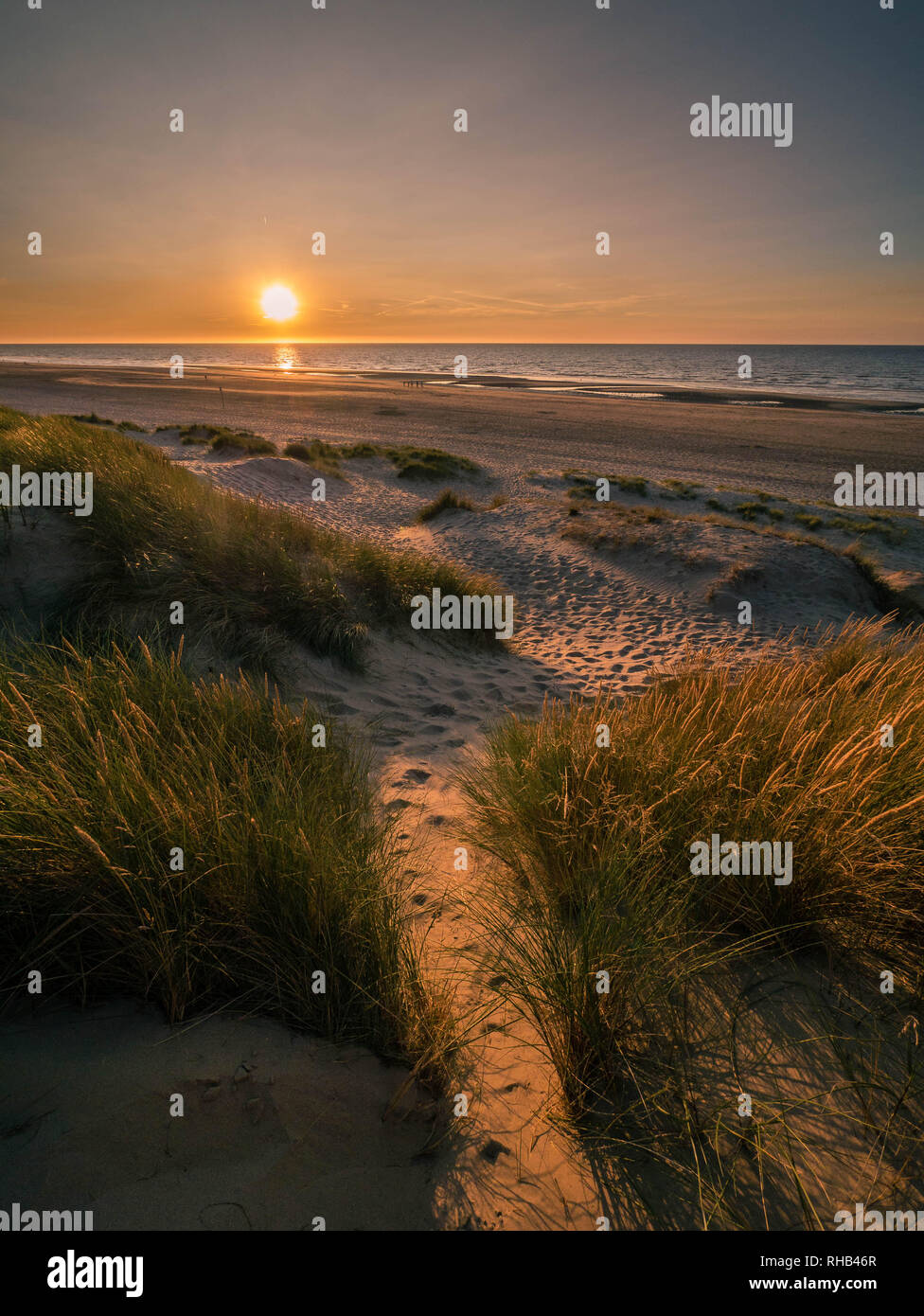Sun setting into the sea seen from marram grass covered dunes Stock Photo