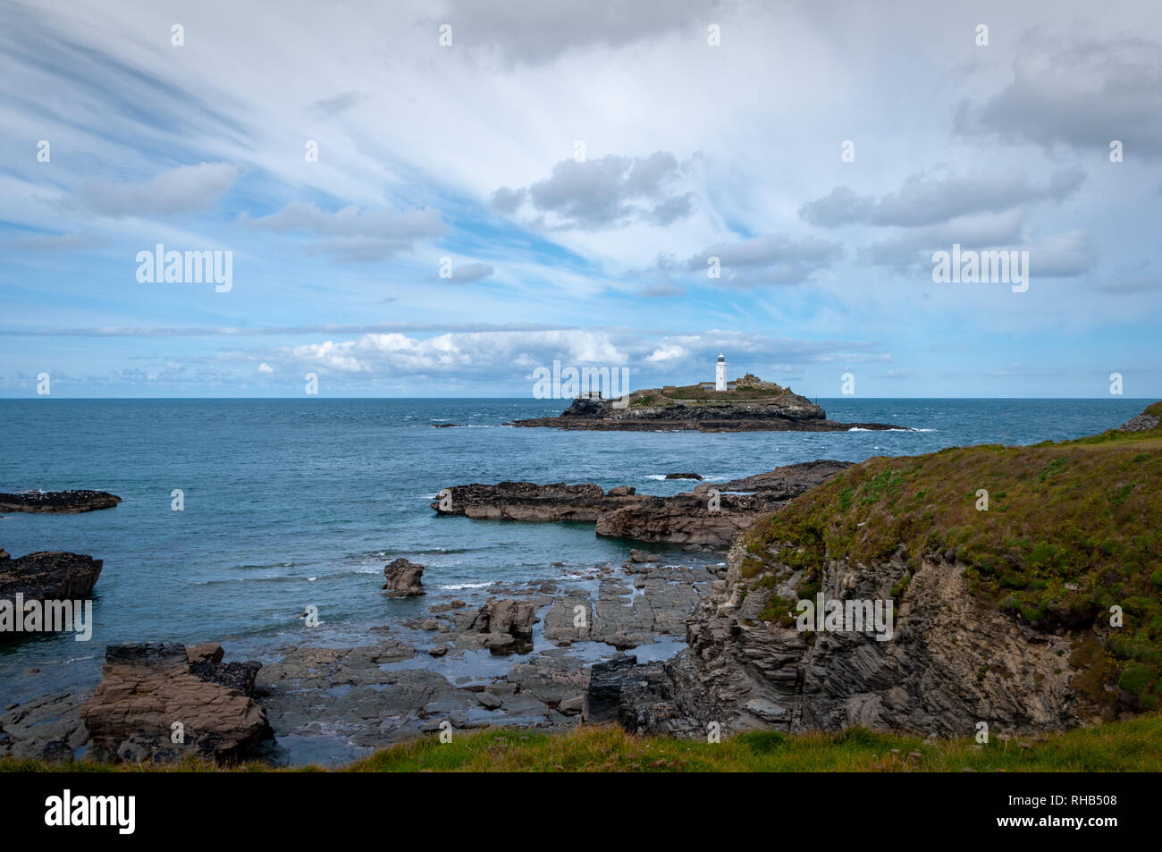 Looking towards the Godrevy Lighthouse in Cornwall, UK. Stock Photo
