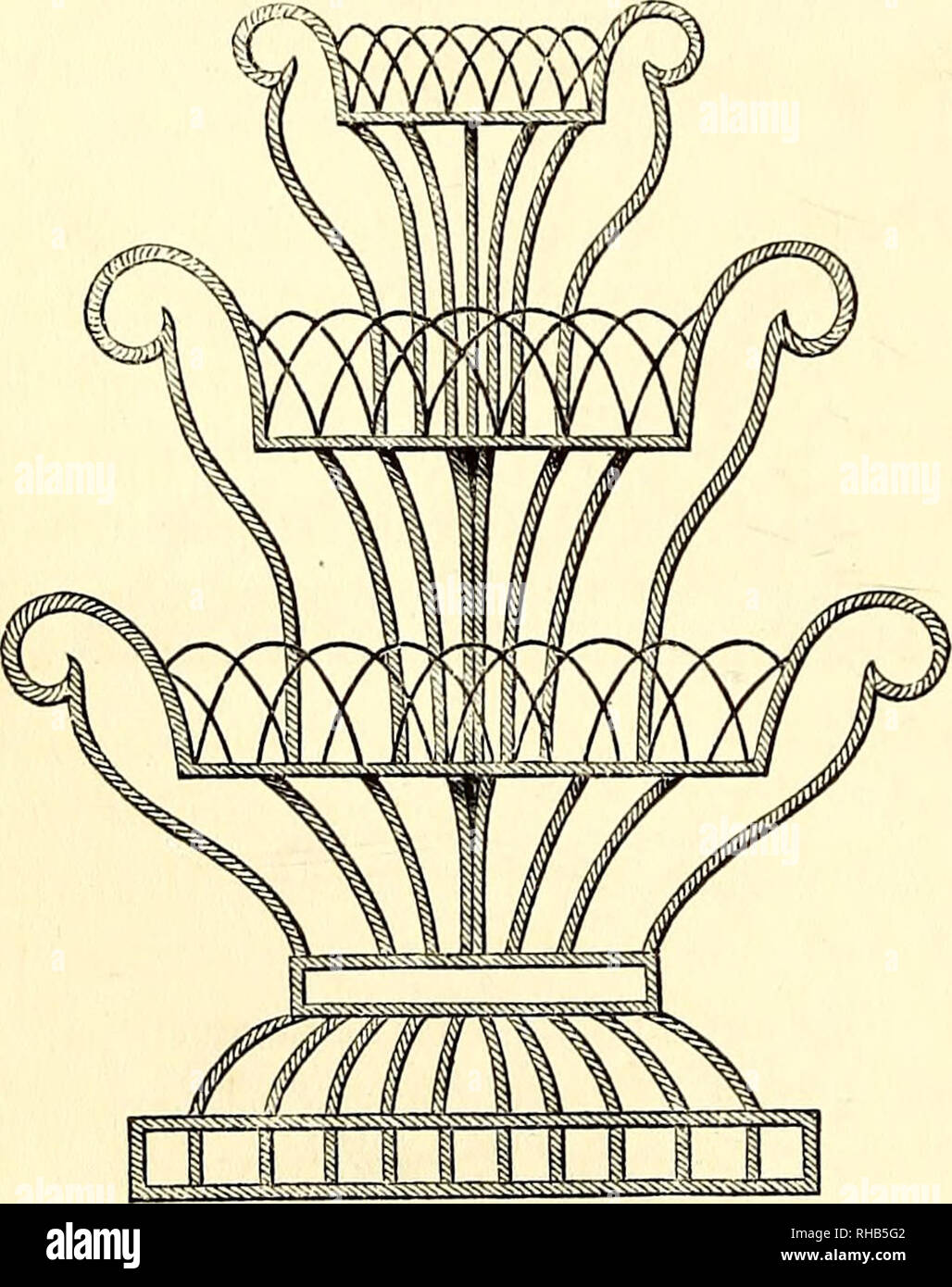 . The book of the garden. Gardening. her grace's private portfolio of drawings. They are formed of strong narrow hoop- Fig. 937.. iron, which gives them a more substantial appearance, as well as, in reality, a degree Figs. 938. 939. of firmness and durability which the wire baskets in common use do not possess. They all stand, as it were, on plinths, either formed of open work or solid plates of iron—thus giving them the true appearance all subjects of this kind should show. In the manufacturing of rustic baskets it is next to useless to employ a carpenter. They work too much by square and rul Stock Photo