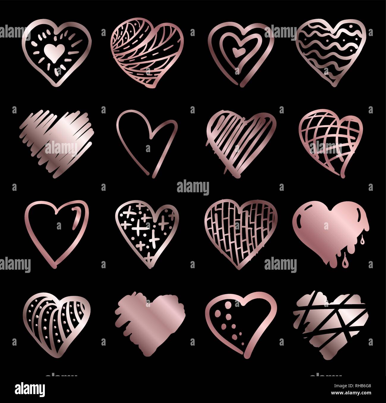 Hand drawn rose gold gradient hearts vector. Design elements for Valentine s day Stock Vector