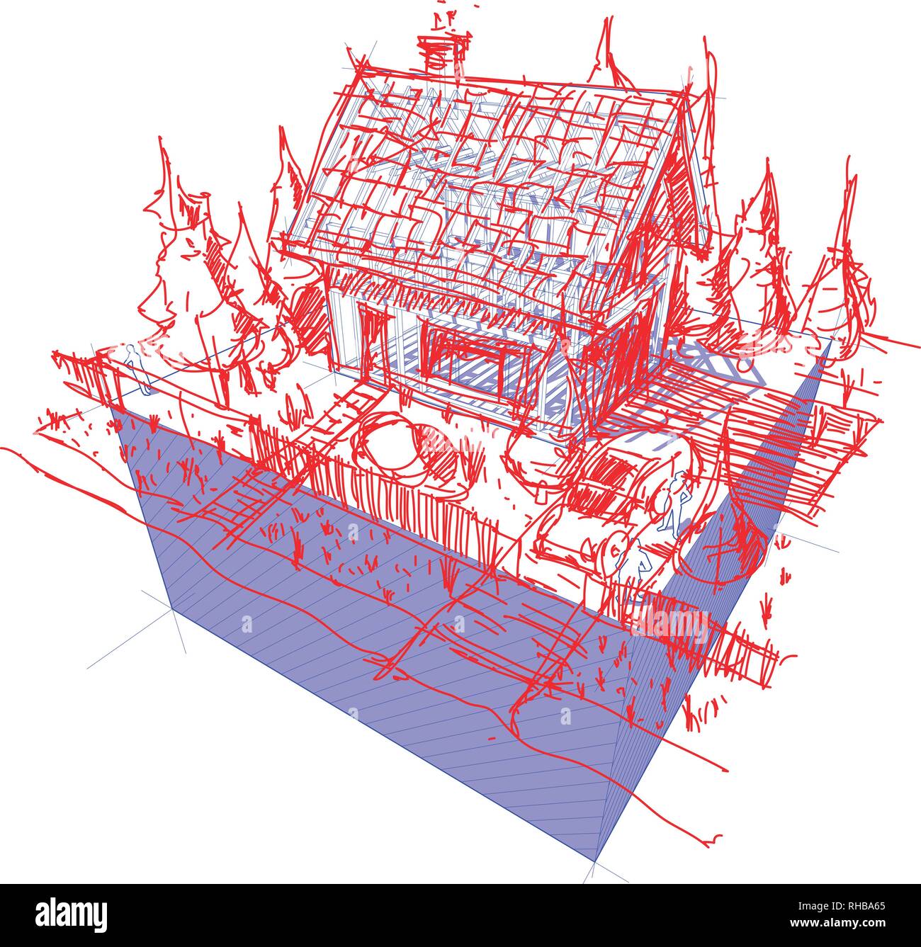 3d illustration of diagram of a framework construction with hand drawn sketch of simple detached house with fence and trees and car Stock Vector