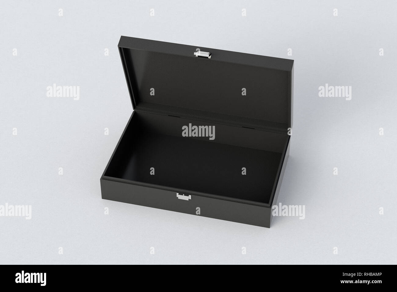 Black open empty long box or casket on white background Stock Photo