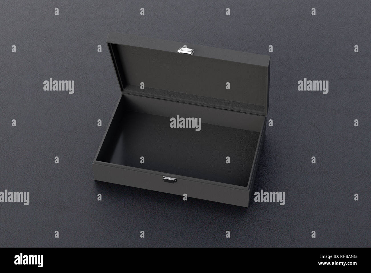 Black open empty long box or casket on black background Stock Photo