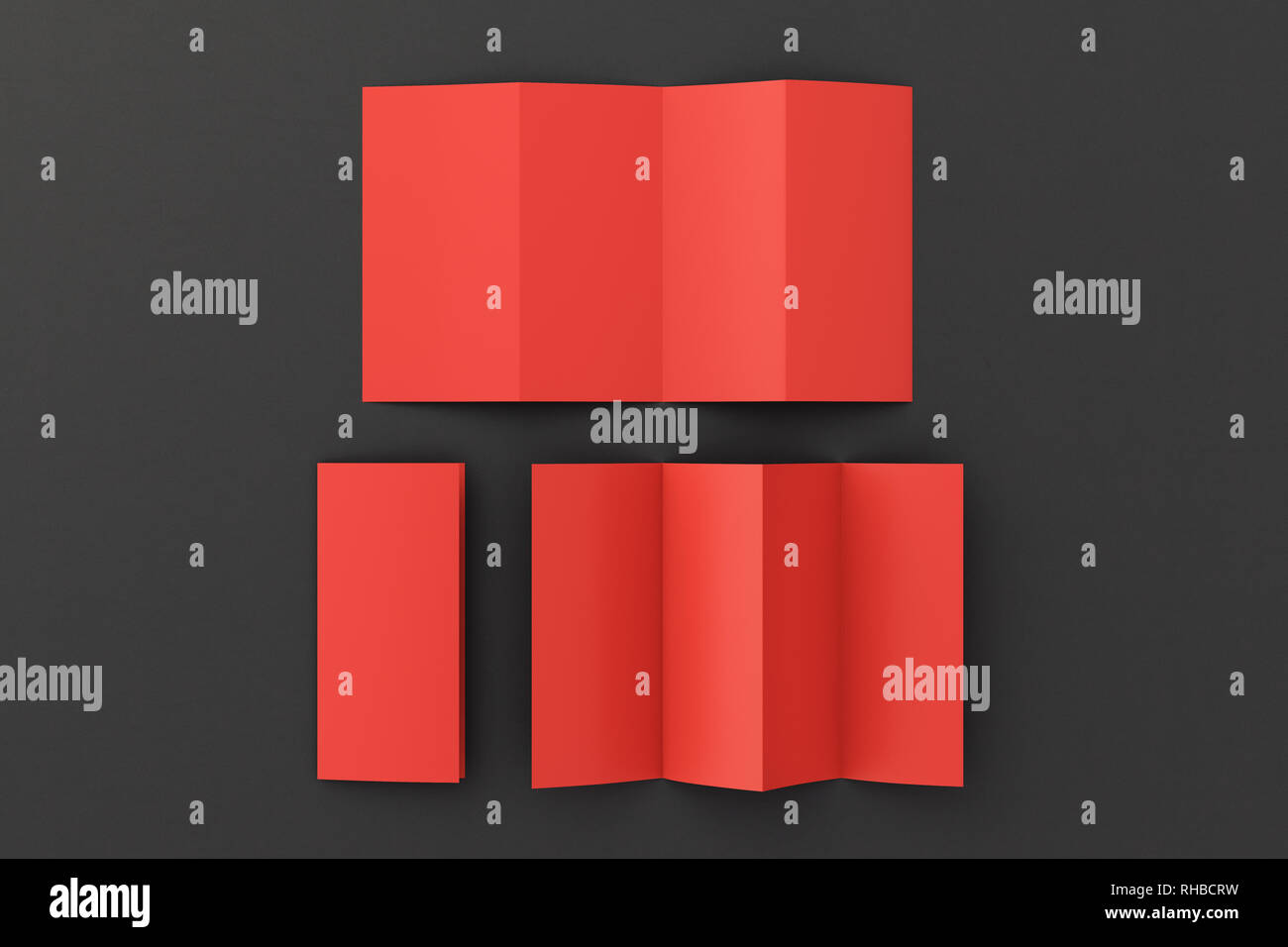 Blank red folded paper leaflet on black background. Eight pages, four panel Stock Photo