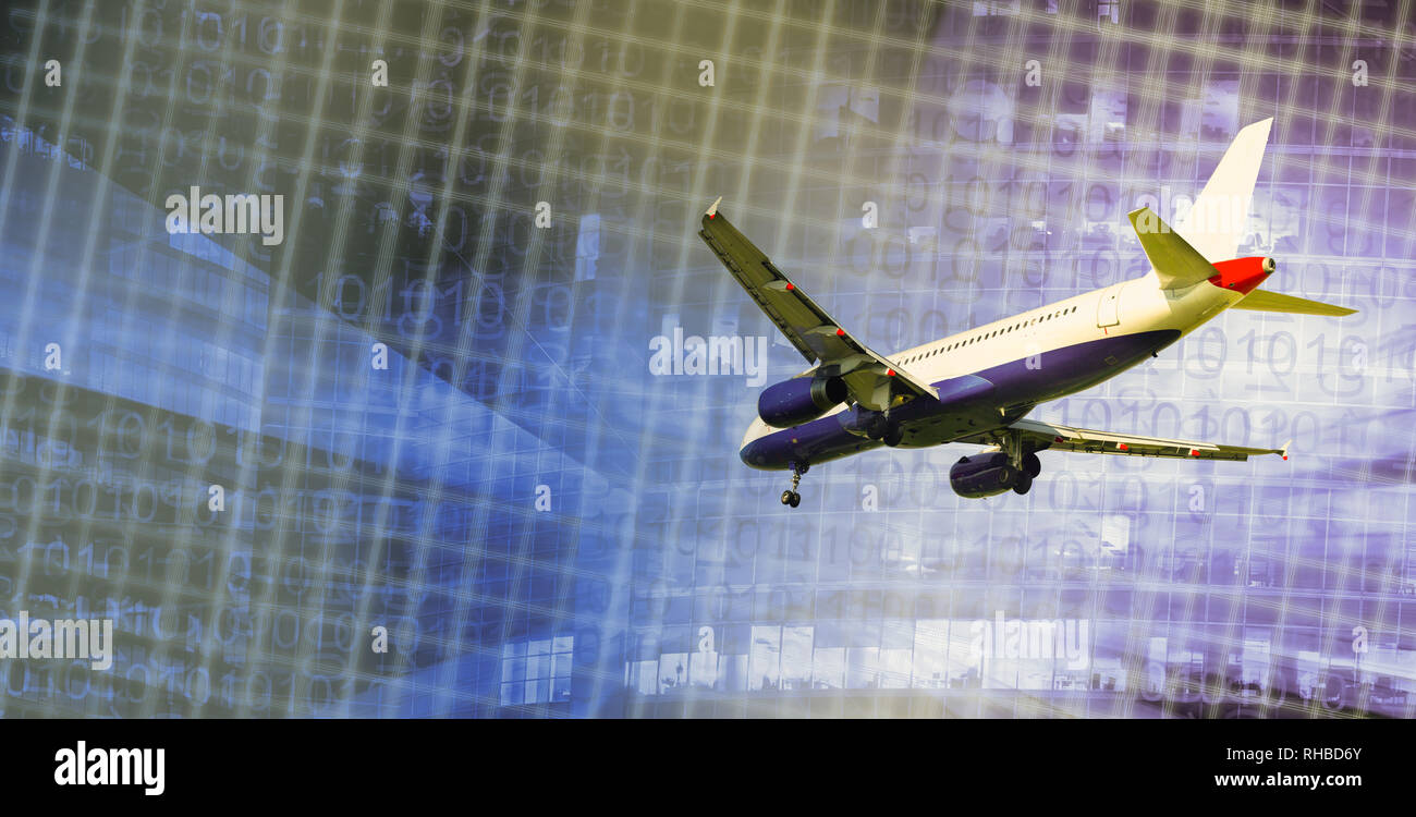 Airliner in motion on abstract background of highrise and binary code Stock Photo