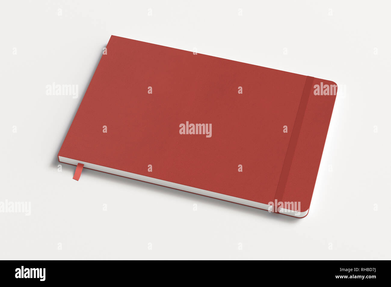 Red horizontal notebook with elastic band on white background Stock Photo