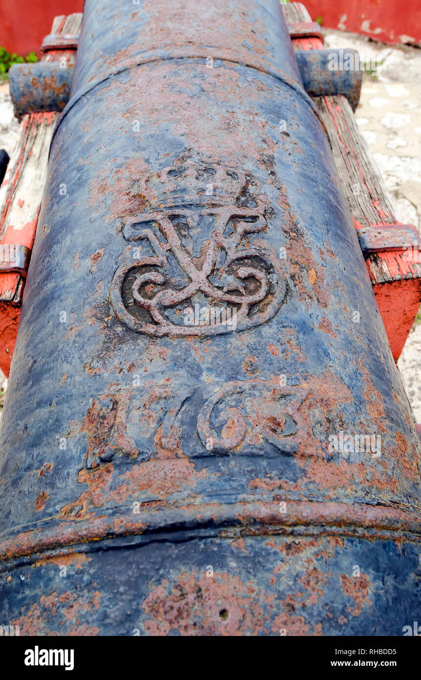 Detail of Danish cannon dated 1763 at Fort  Frederik, Frederisted, Saint Croix, United States Virgin Islands Stock Photo