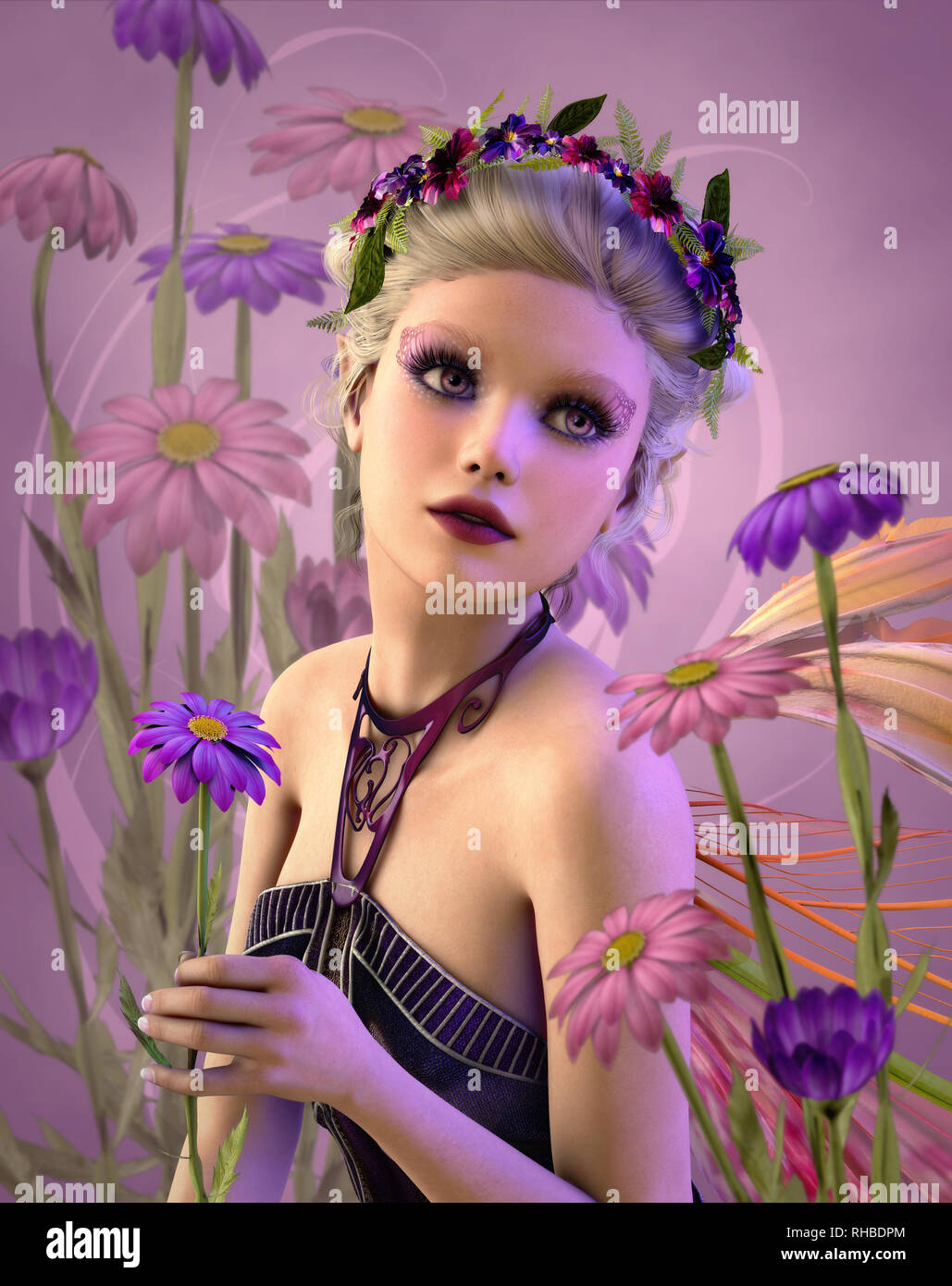 3d computer graphics of a fairylike Girl with daisies and a wreath of flowers on her head Stock Photo
