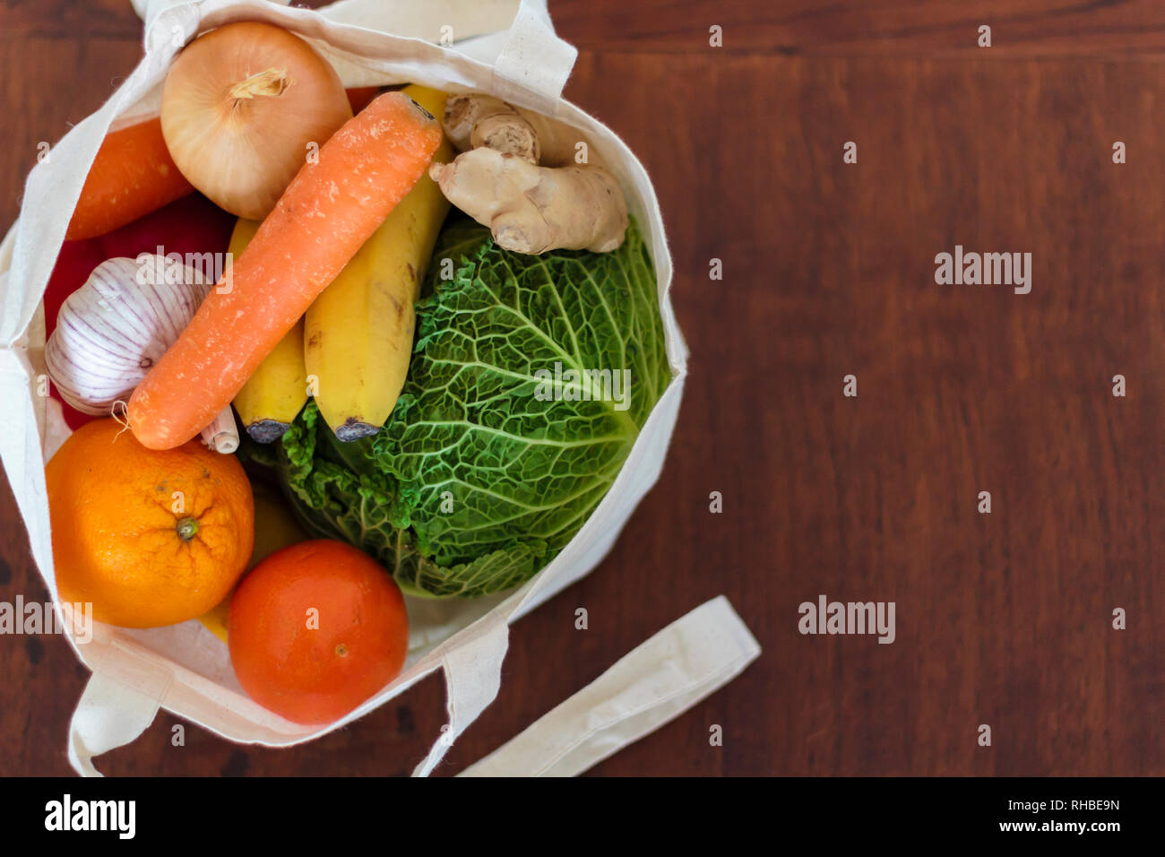 Top view of reusable shopping bag with groceries. Zero Waste, Plastic ...