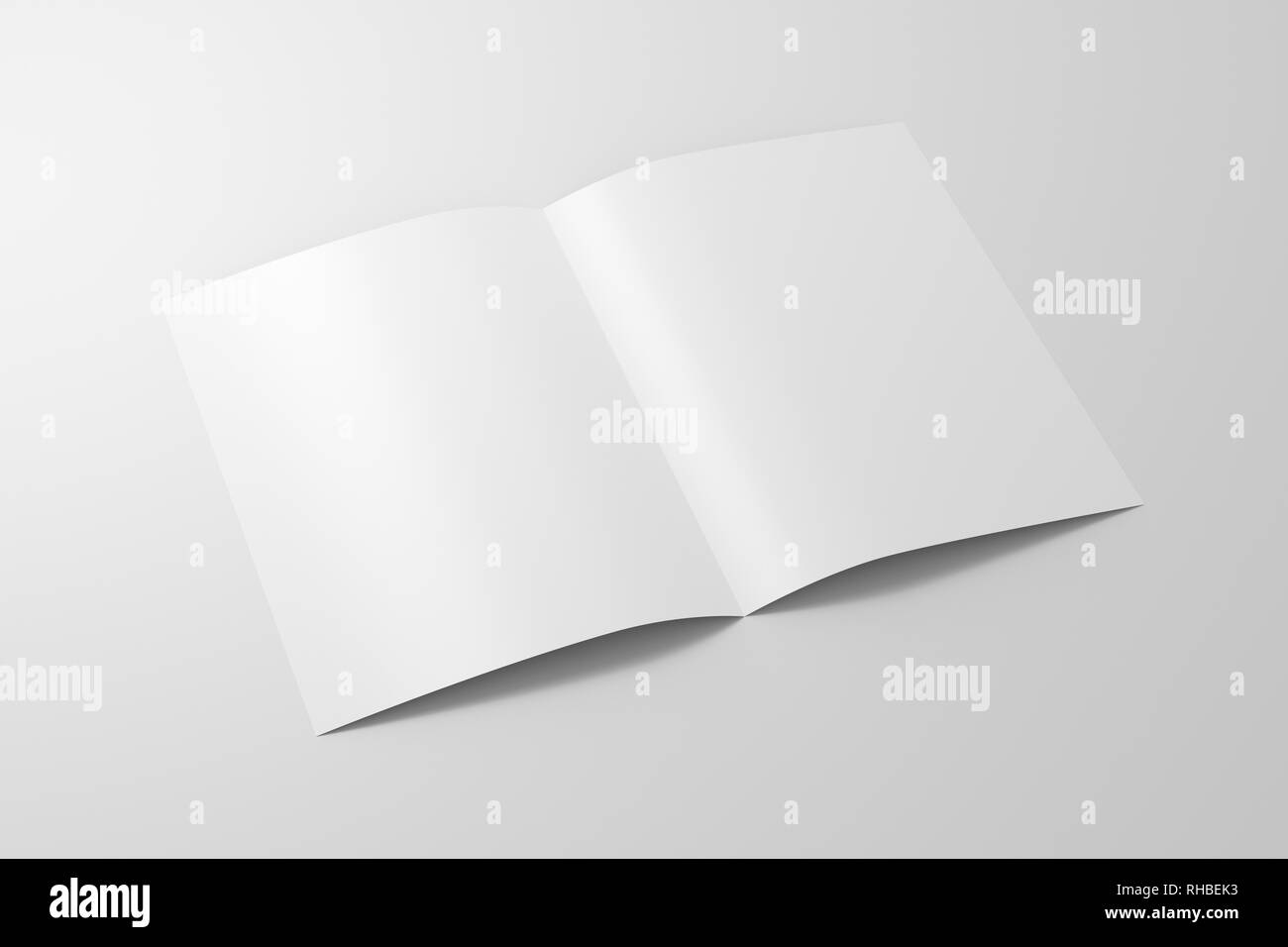 Blank white half-folded flyer leaflet on white background. With clipping path around brochure. 3d illustration Stock Photo
