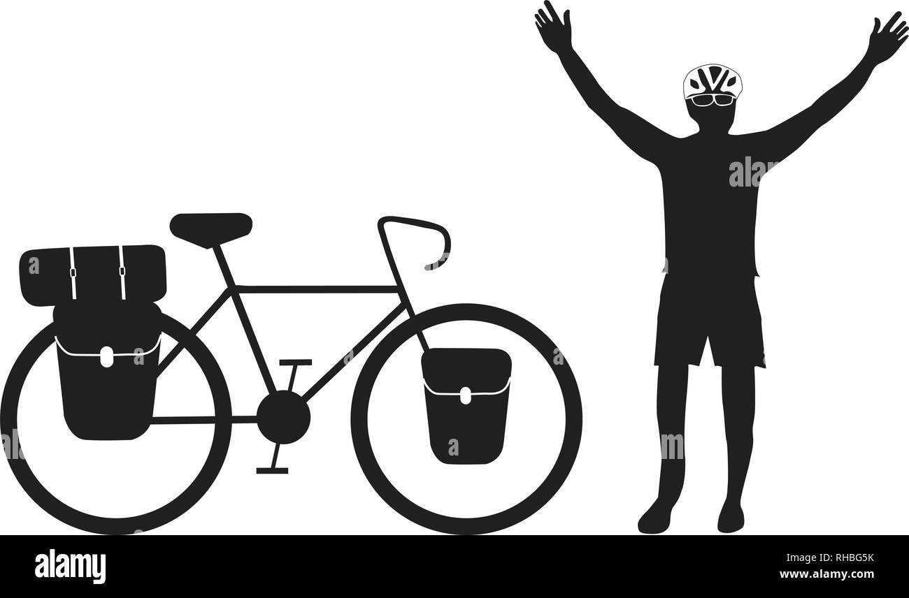 Cyclist raising his hand with bikepacking touring bike vector Stock