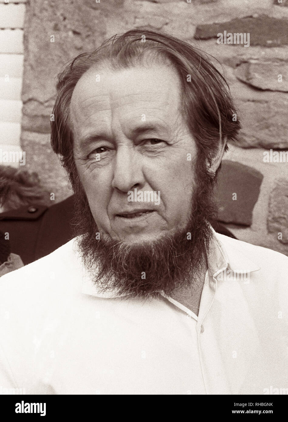 Russian writer Aleksandr Solzhenitsyn in 1974, after being exiled from the Soviet Union, in Langenbroich, West Germany where he was staying in the home of writer Heinrich Böll. Stock Photo