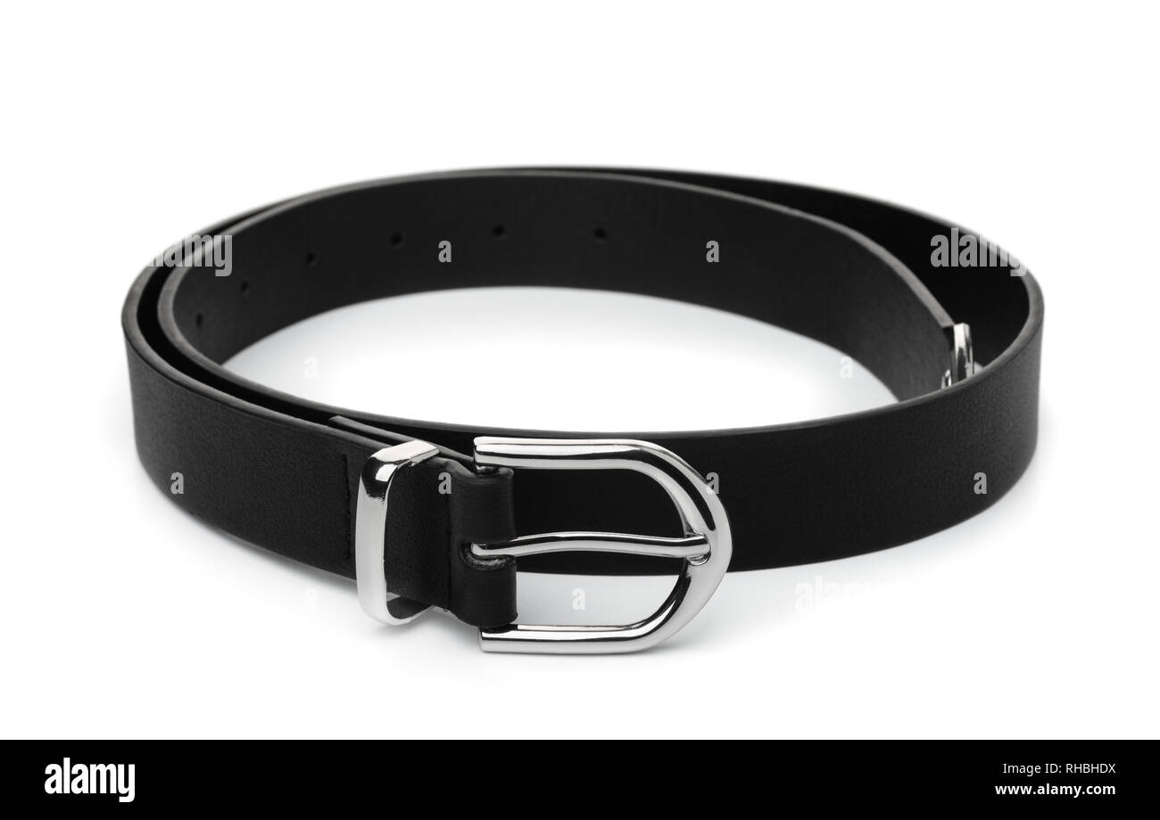Black leather belt isolated on white Stock Photo
