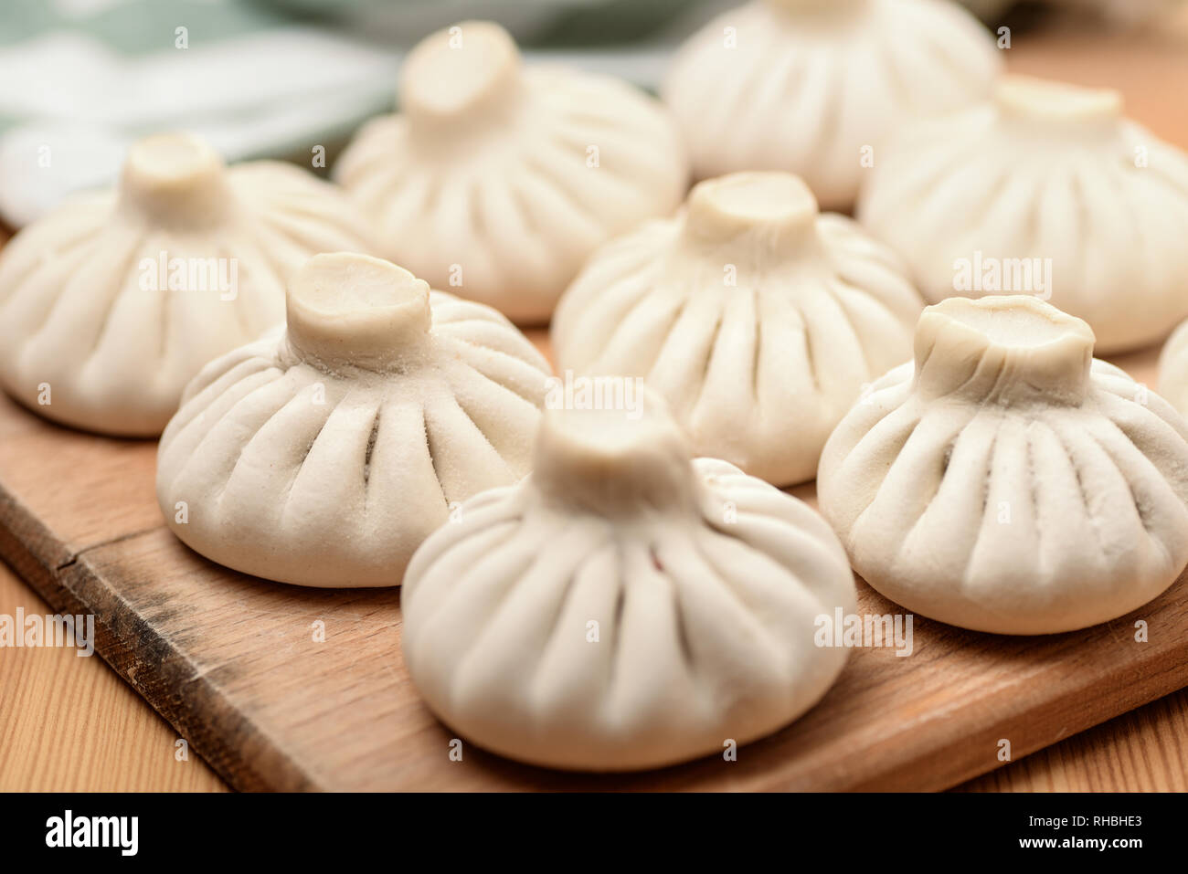 Close up of uncooked khinkali - Georgian dumplings Stock Photo
