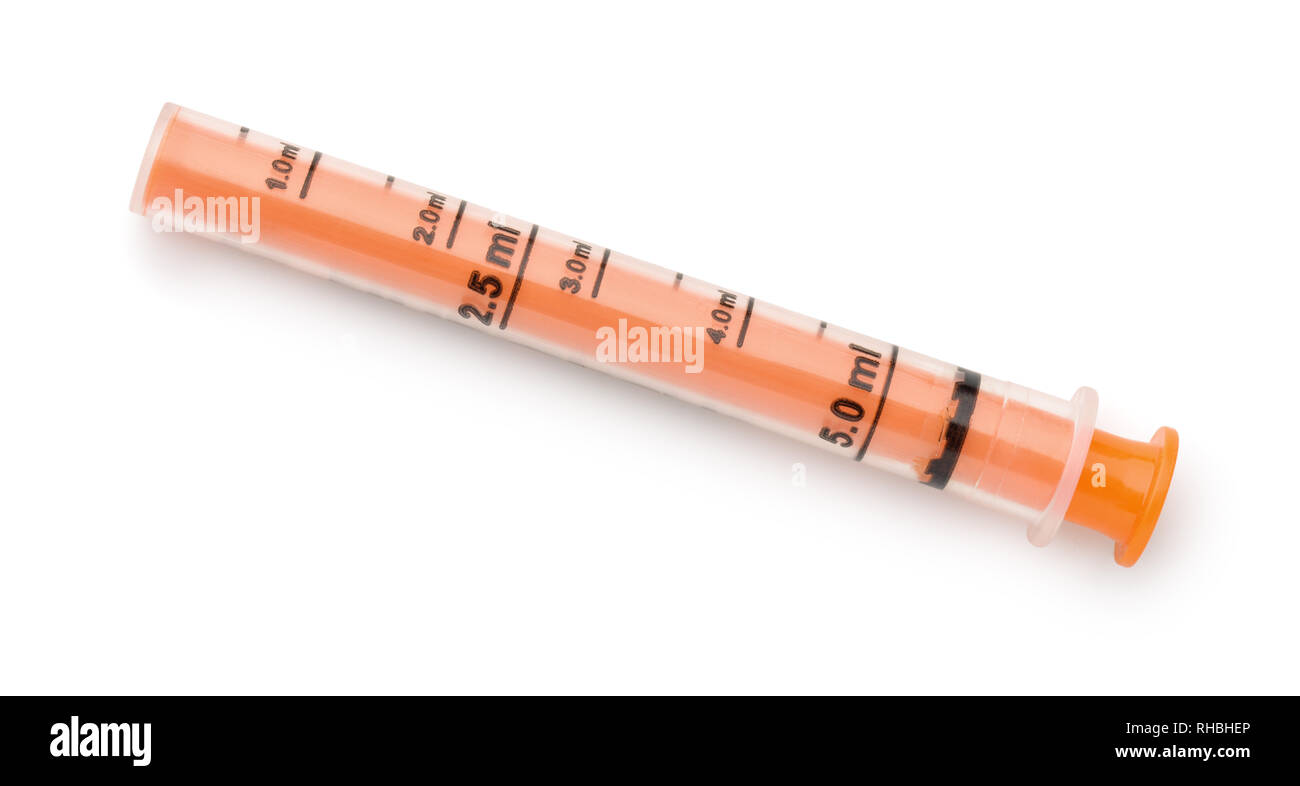 Top view of plastic oral medicine syringe isolated on white Stock Photo