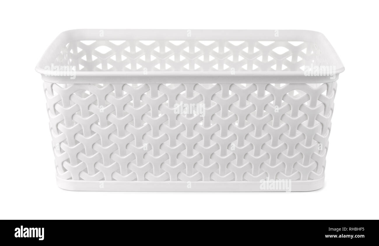 Front view of white rectangular plastic storage basket isolated on