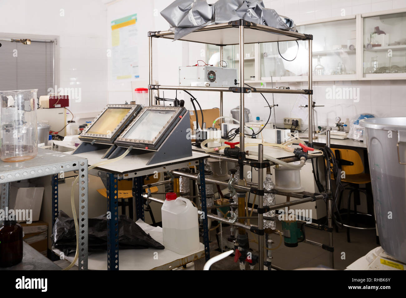 Chemical lab interior with different lab equipment and glassware Stock