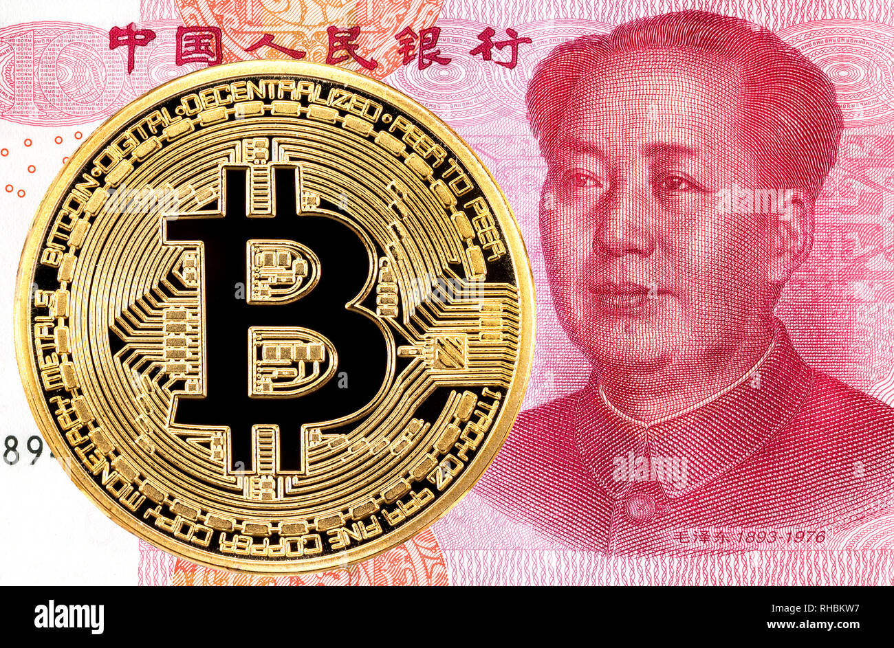 Cryptocurrency Bitcoin lying on the Chinese 100 yuan banknote. Business  concept of new virtual money Stock Photo - Alamy