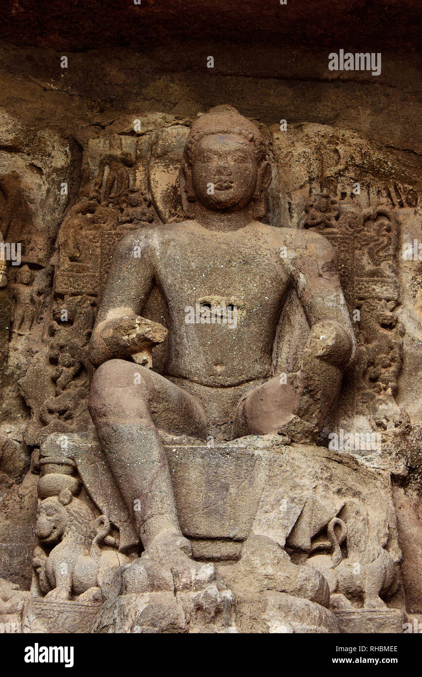 Buddha in Pralambapadasana posture Cave No 5,  Aurangabad caves, Western Group, Aurangabad, Maharashtra Stock Photo