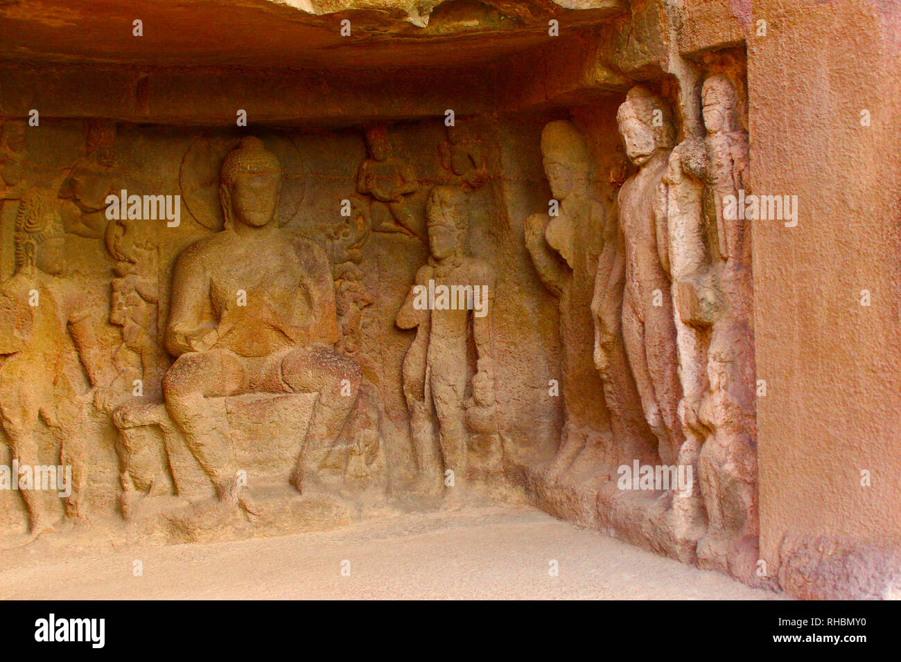 Seated Buddha in bhadrasana, feet down pose, Cave 2, Ellora Caves, Aurangabad, Maharashtra Stock Photo