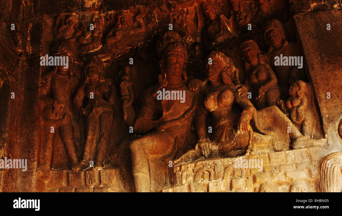 Cave 21, Shiva and Parvati on mount Kailash, sculpture, Ellora caves, Aurangabad, Maharashtra Stock Photo