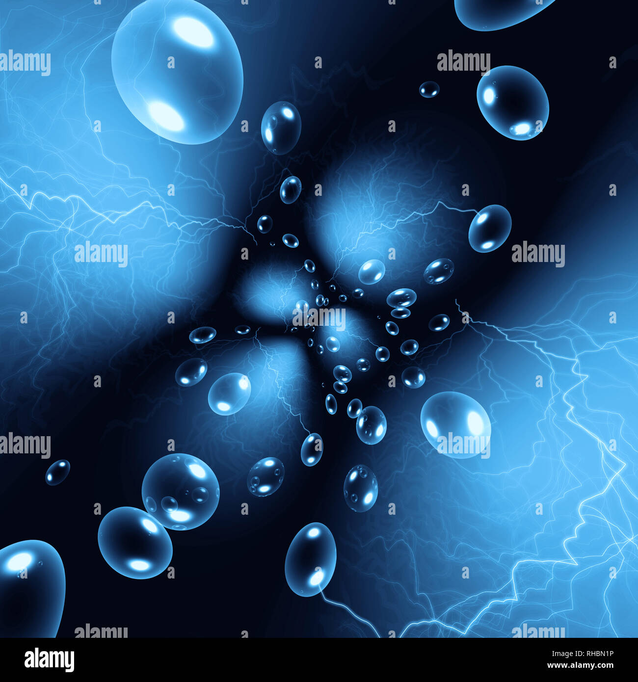 Abstract blue background with transparent bubbles and lightning Stock Photo Alamy