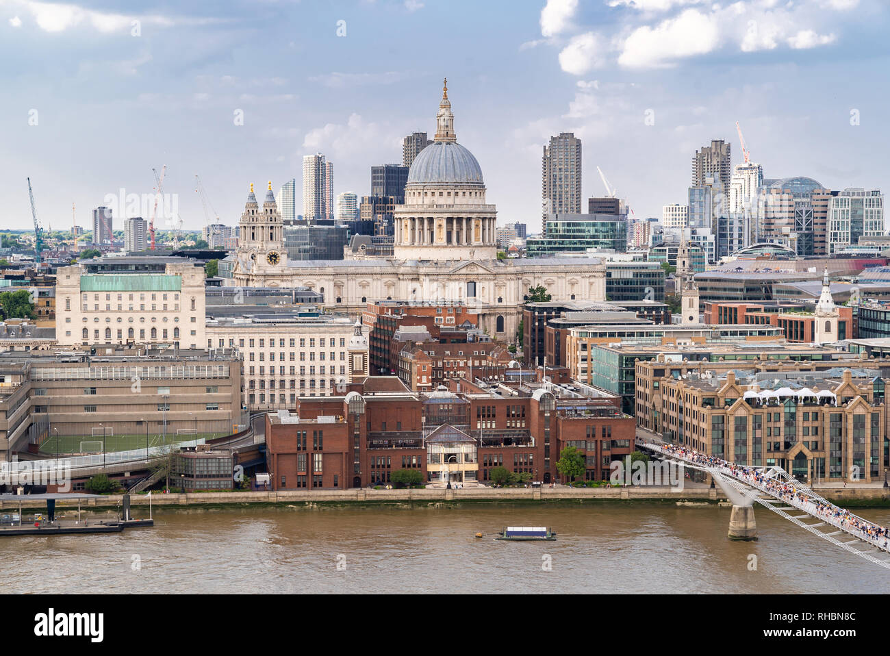 Aerial view of London St Paul's Cathedral with London Millennium Bridge ...