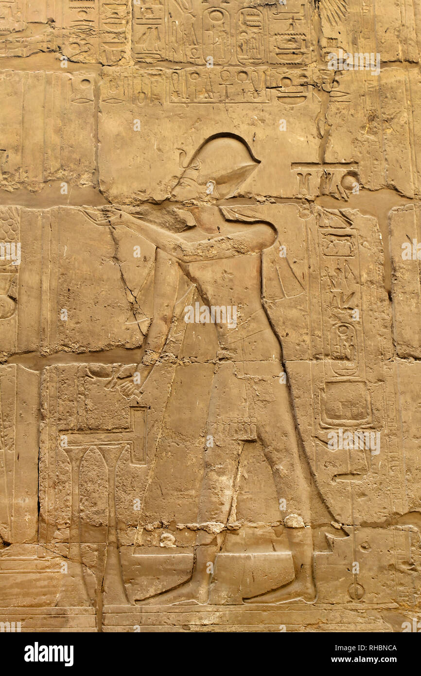 Ancient egypt images and hieroglyphics in the Karnak Temple, Luxor Stock Photo