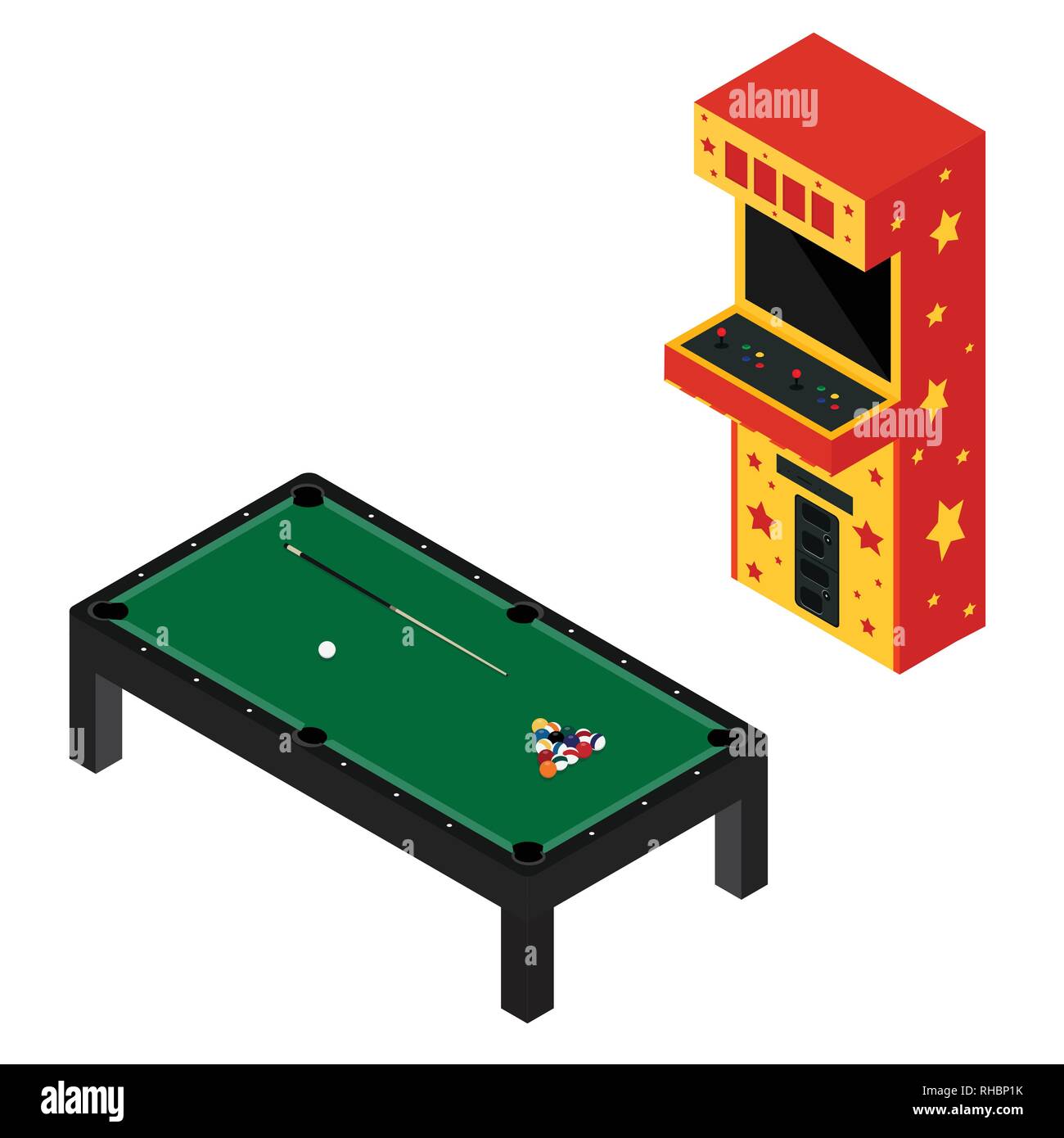 Game room concept. Arcade game machine and pool billiard table isolated