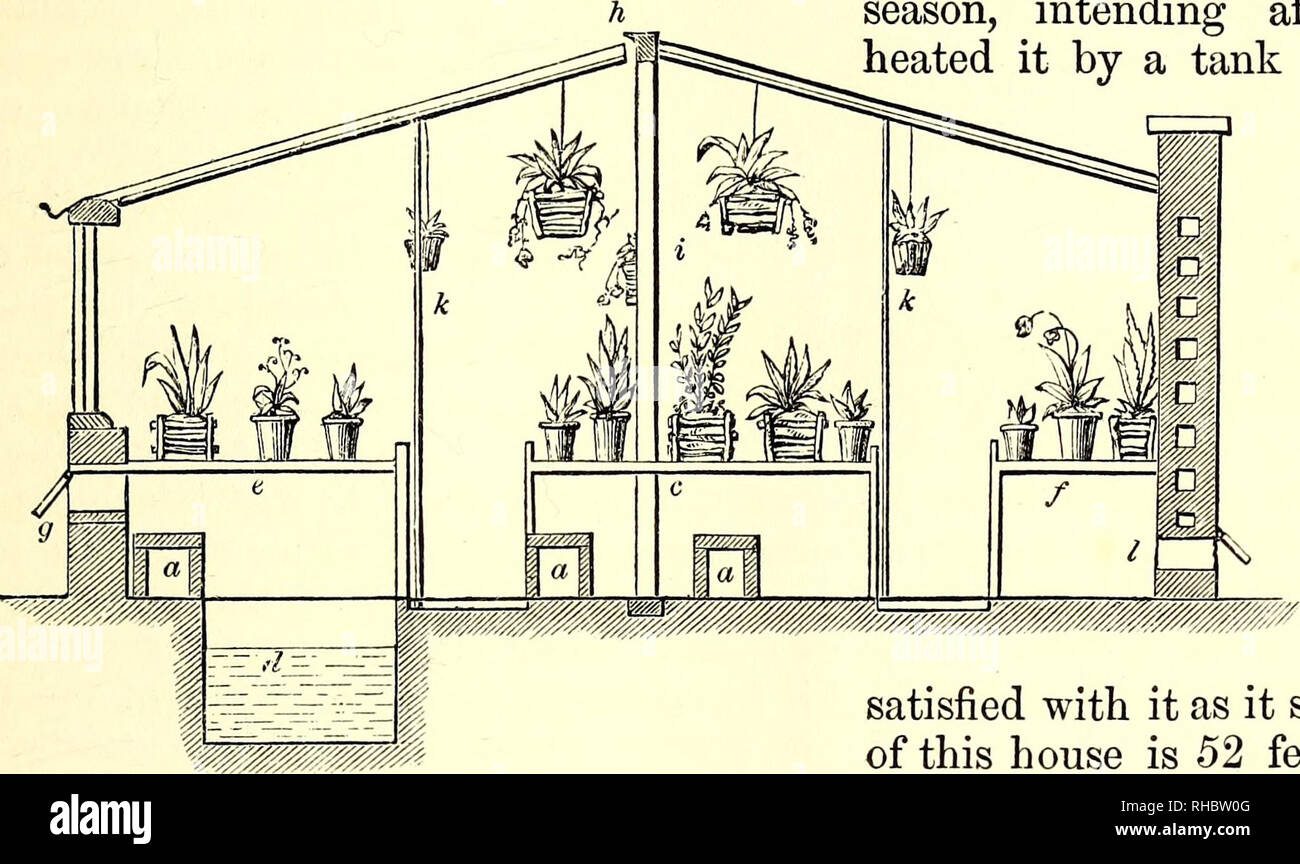 . The book of the garden. Gardening. ORCHID-HOUSES. 407 on the roof; and, when that is insufficient, by a pipe from the general reservoir. This house joins the camellia-house on one end, and the second orchid-house on the other. In the section fig. 558 the arrangement will be seen more clearly: a a a are the Fig. 558. season, heated. flues ; d the cistern of water; c the centre or principal plant-table; e the front table ; / the back table ; g front ventilators; h ridge ventilator ; i support of ridge ; h h iron rods supporting the rafters, to enable them to sustain the weight of plants suspen Stock Photo