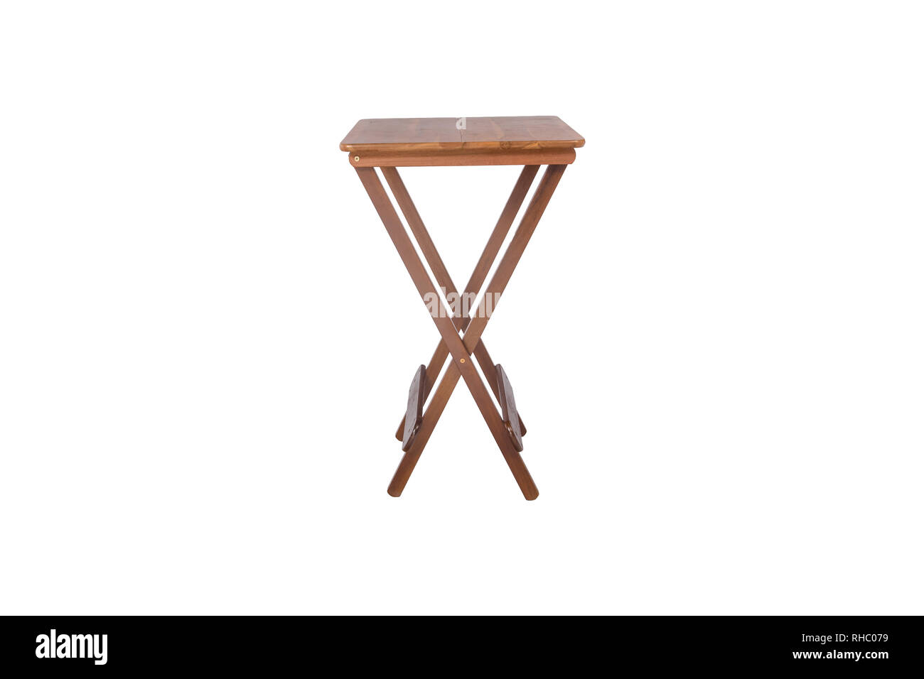 Outdoor wooden dining table with two stools on white background Stock Photo