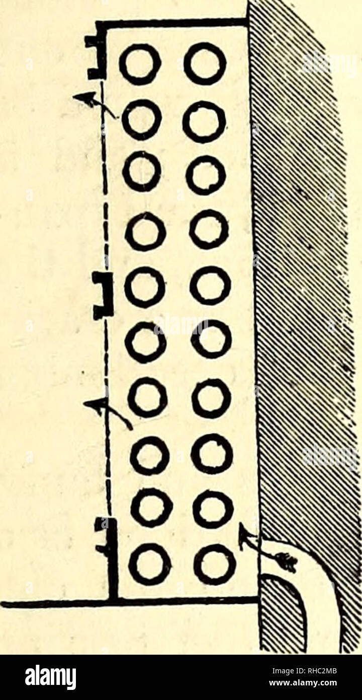 . The book of the garden. Gardening. HEATING BY HOT-WATER PIPES. 189 Fig. 240.. the corners, or by the sides of the walls, or, indeed, in any part where they would not interfere with the general arrange- ment. One of the simplest of these forms is a stack of 2-inch pipes, arranged one above another in a double row, with a case of open work in front, as shown in fig. 240, as suggested by Walker, but which indeed is only a revival of the Mar- quis de Chabanne's principle. A case of this kind, 6 feet long, 1 foot wide, and feet high, would contain 60 feet of heating surface, or nearly the half of Stock Photo