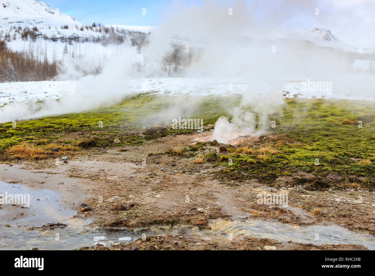 Geothermal landscape Strokkur Geysir in Winter. Located on the Golden circle, Geyir is a popular attraction for tourists. Stock Photo