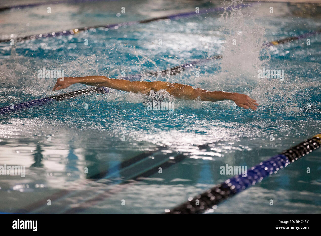 Swimmer competing in a butterfly stroke event at a swim meet Stock Photo