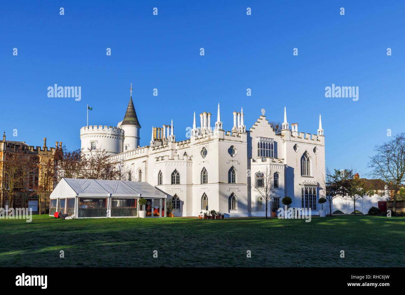 Side view of Strawberry Hill House with its round tower, turret and battlements, a Gothic Revival villa in Twickenham, London built by Horace Walpole Stock Photo