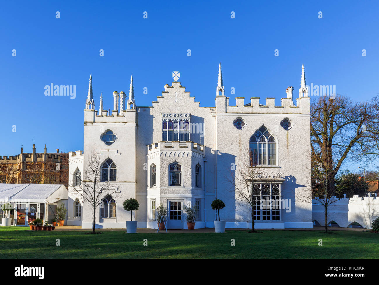 Side view of Strawberry Hill House with its turrets and chimneys, a