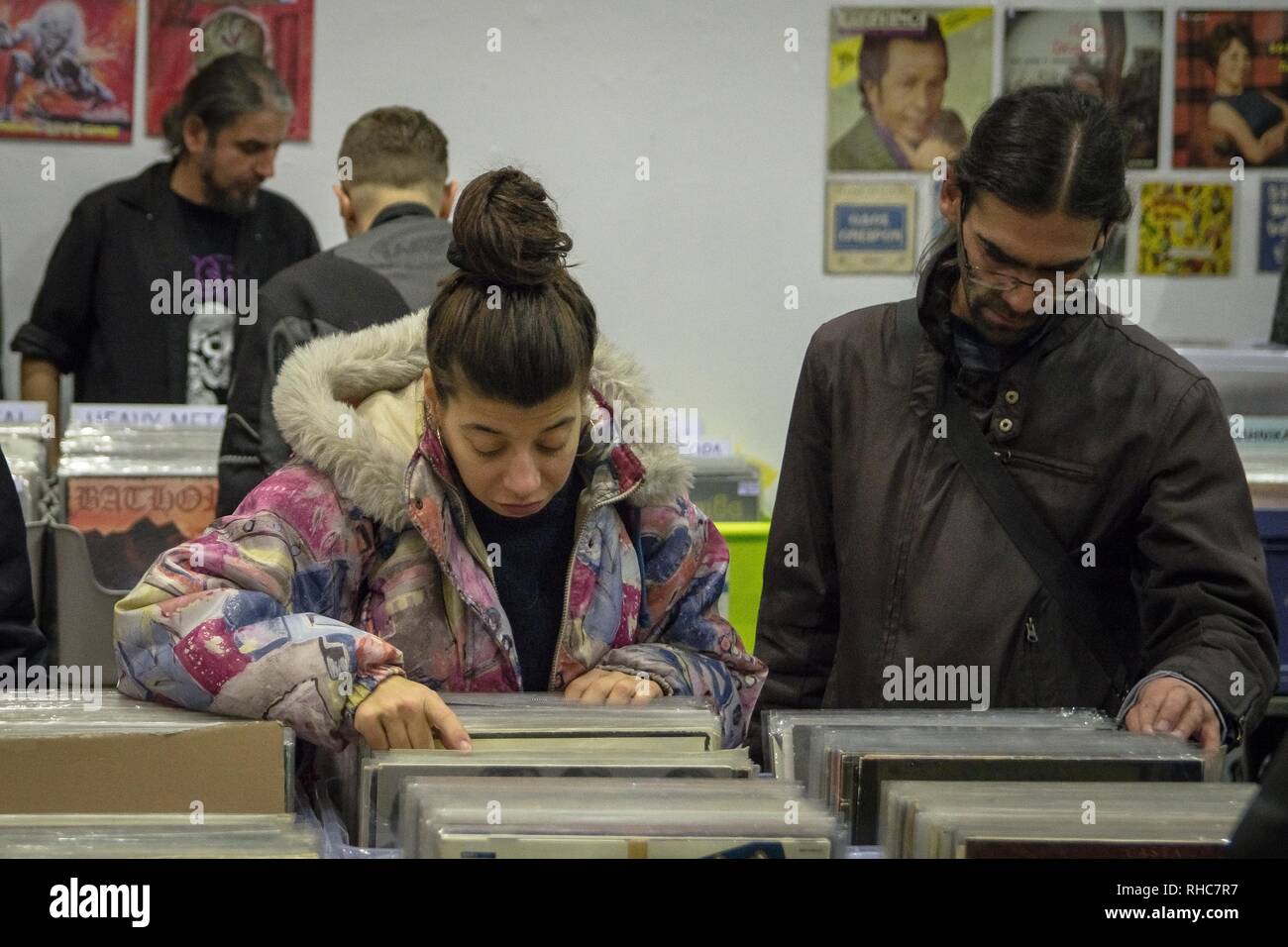 People seen searching for vinyl during the event. Vinyl Market is a festival with many new disc collections, many collectibles and new releases. It also has collections of other music themes, CDs, Posters, music magazines, books and many other related exhibits. Stock Photo